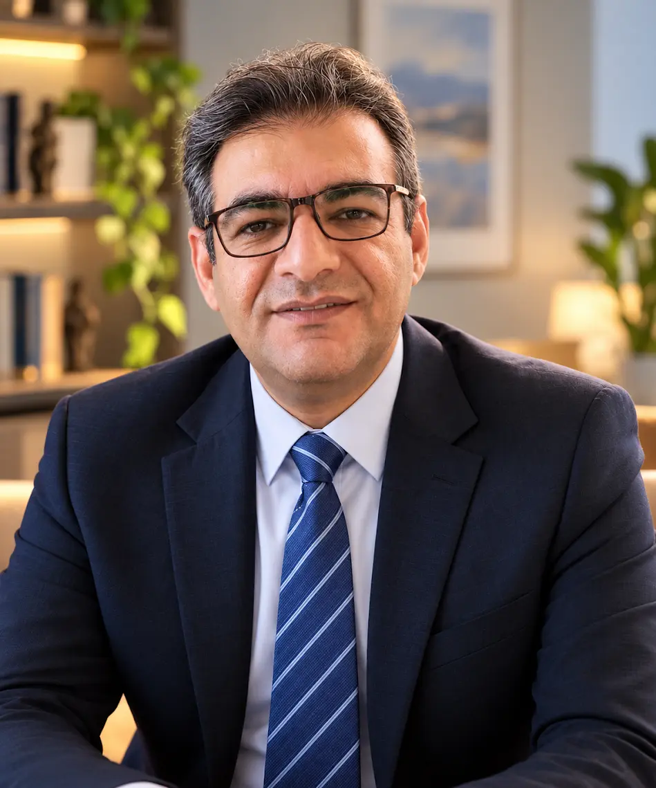 پرتره دکتر رسول آقایی، روانشناس و زوجدرمانگر، در اتاق مشاوره با قفسه کتاب و گیاه